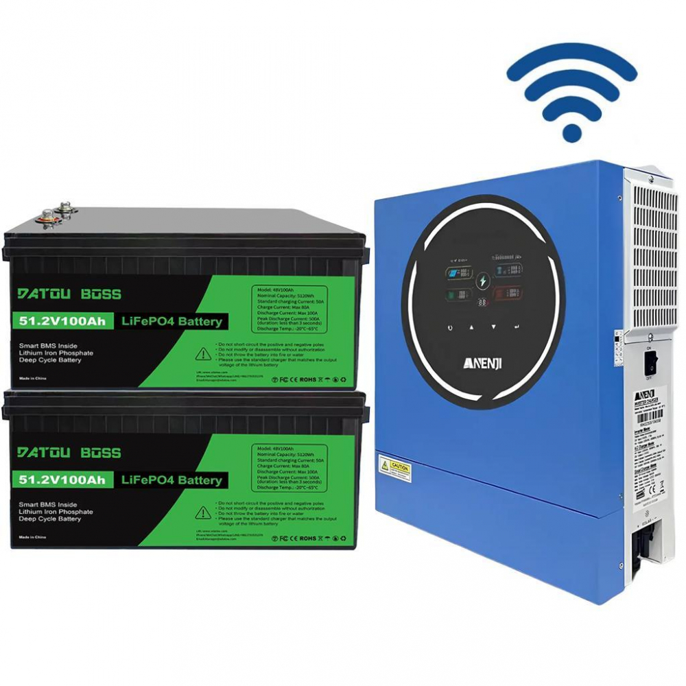 Комплект 5 кВт + 10.2 кВт*г інвертор Anenji з WiFi-модулем + 2 акумулятора Datouboss LiFePO4 48V/100Ah для резервного живлення